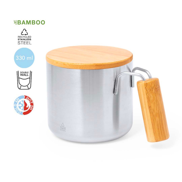 Mug thermos en acier recyclé avec poignée et couvercle en bambou