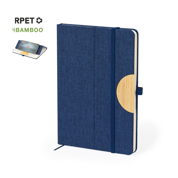Carnet de notes A6 en RPET et bambou  avec support pour smartphone et tablette
