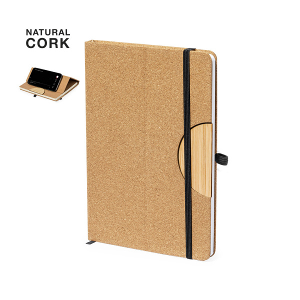 Carnet de notes en liège et bambou avec support pour téléphone portable