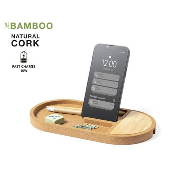 Organisateur de bureau avec chargeur intégré en liège et bambou