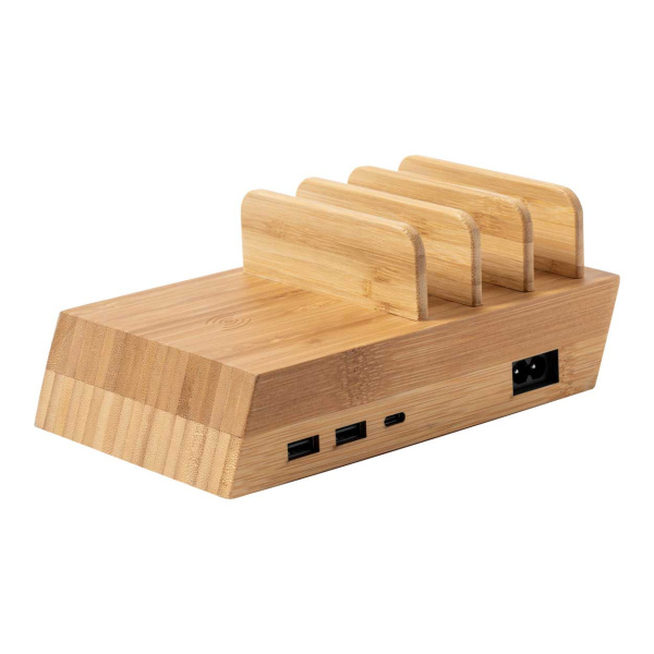 Batterie externe USB en bambou avec chargeur sans fil intégré