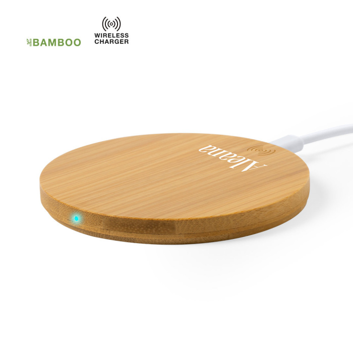 Chargeur sans fil rond 10W avec finition en bambou