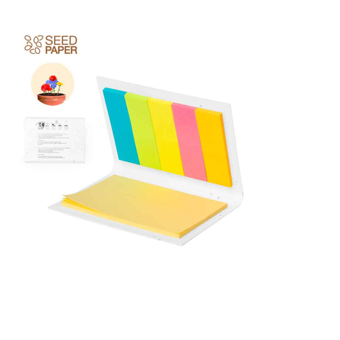Bloc-notes avec feuilles adhésives et couverture contenant des graines