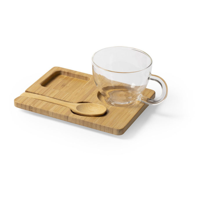 Tasse à infusions avec cuillère et plateau en bambou publicitaire