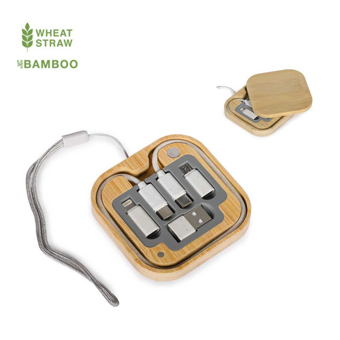 Ensemble de câbles avec des connecteurs micro USB (type C) dans une boîte en bambou