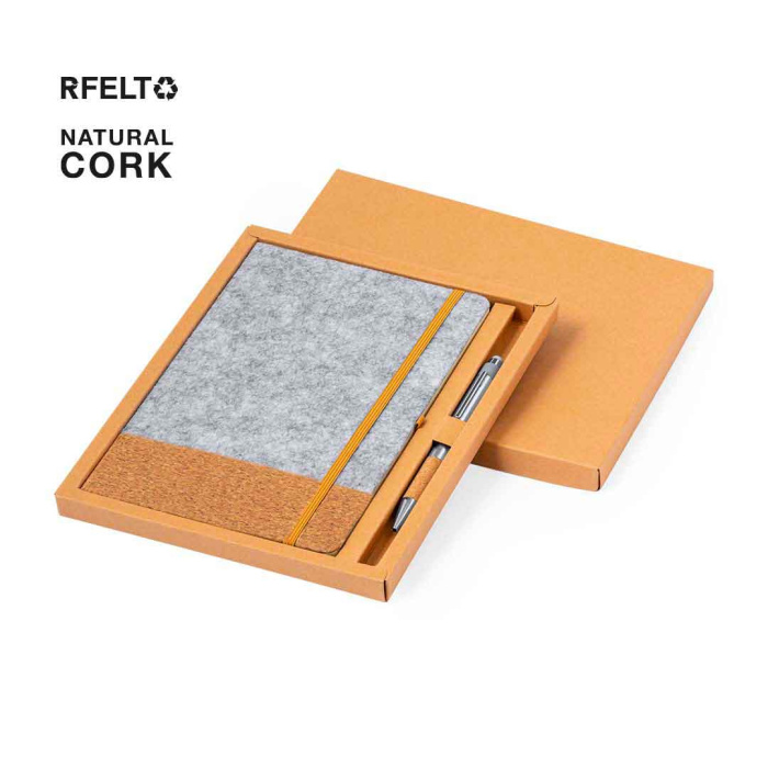 Élégant coffret cadeau en liège et RPET comprenant un carnet de notes et un stylo