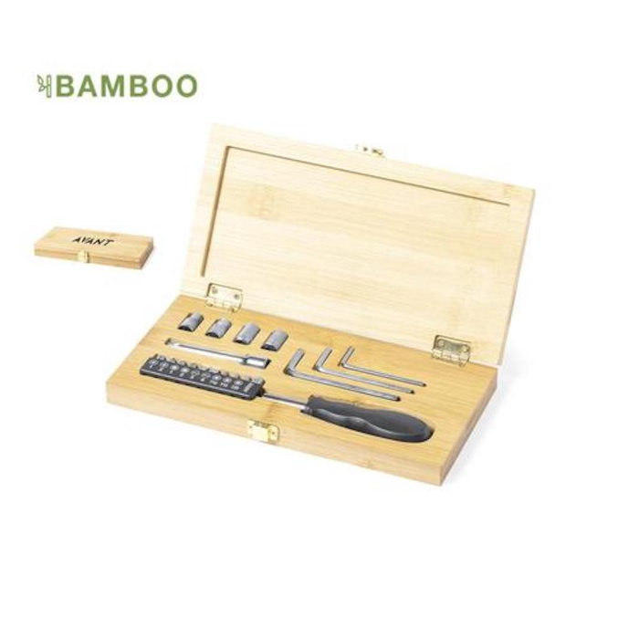 Coffret tournevis et clé à pipe publicitaire en bambou