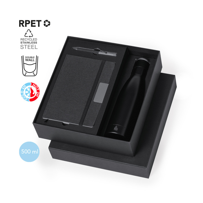 Coffret cadeau avec stylo, Thermos et carnet noir