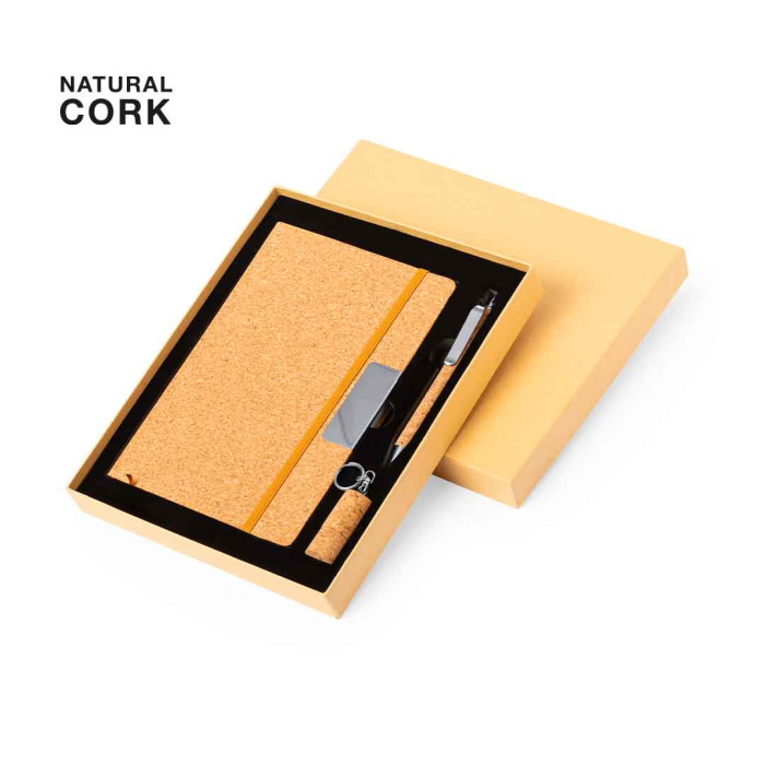 Coffret cadeau en liège avec stylo, port-clé et carnet de notes