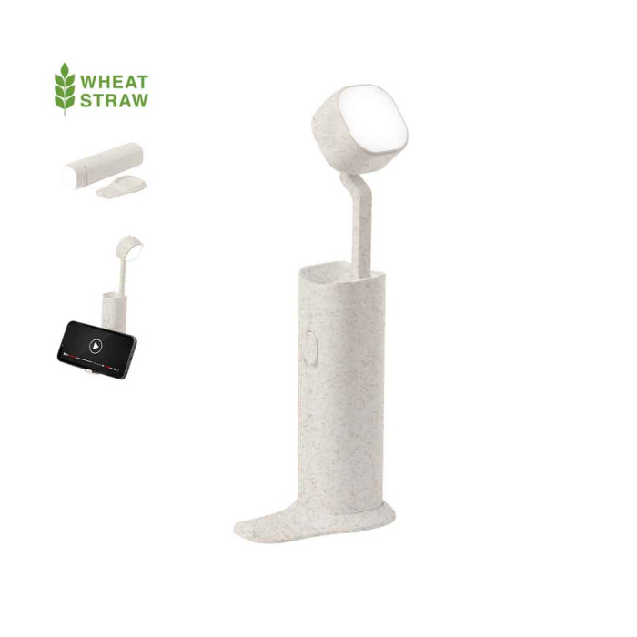 Lampe avec support pour appareil mobile en paille de blé