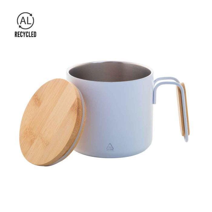 Tasse isotherme en acier recyclé avec anse et couvercle en bambou