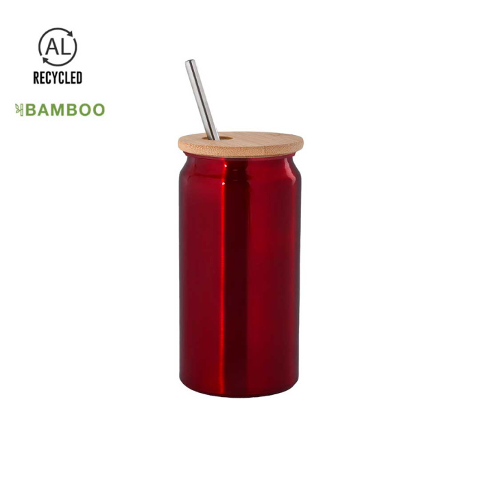 Tasse colorée à graver avec logo, munie d'un couvercle et d'une paille.