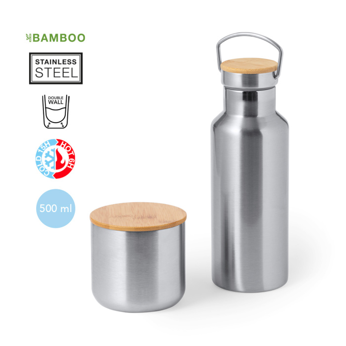 Ensemble gourde et verre thermiques avec finitions en bambou