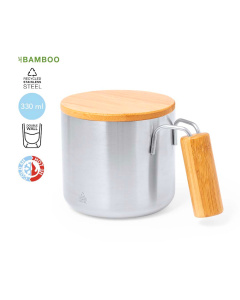 Mug thermos en acier recyclé avec poignée et couvercle en bambou