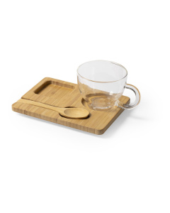 Tasse à infusions avec cuillère et plateau en bambou publicitaire