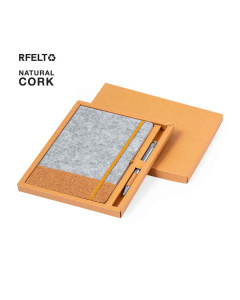 Élégant coffret cadeau en liège et RPET comprenant un carnet de notes et un stylo