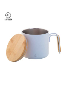 Tasse isotherme en acier recyclé avec anse et couvercle en bambou