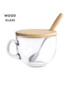Tasse en verre publicitaire avec couvercle et cuillère inclus